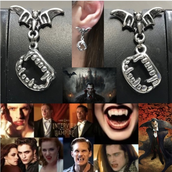 “Vampire Bite" Handmade Dainty Unisex Bat Stud with Silver Fangs Earrings - Picture 1 of 13